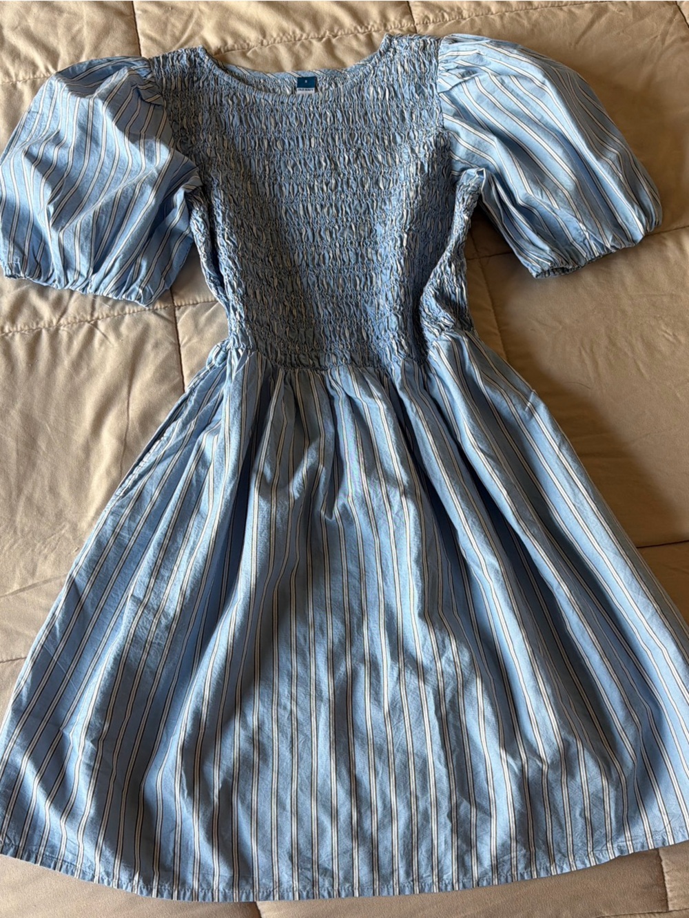 Blue Striped Smocked Puff-Sleeve Women's Dress